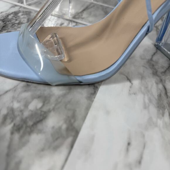 Aldo Onardonia Ankle Wrap Heels Blue Square Toe Clear Heel Glass Slipper Size 10 - Picture 9 of 13